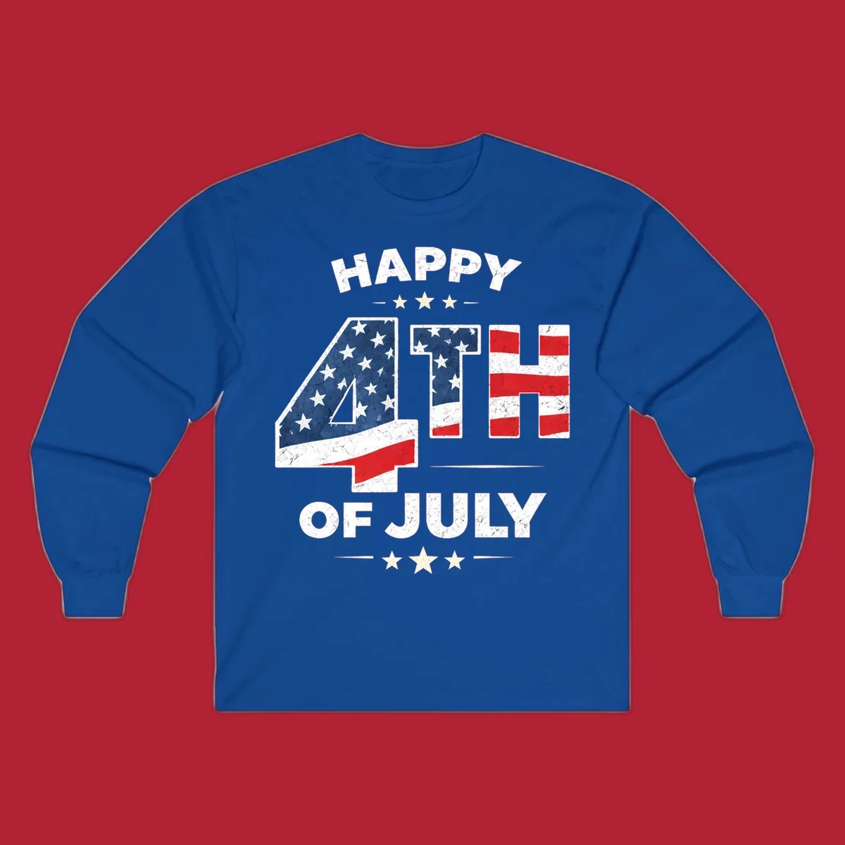 Distressed "HAPPY 4TH OF JULY" design with the "4TH" in an American flag pattern and white stars.