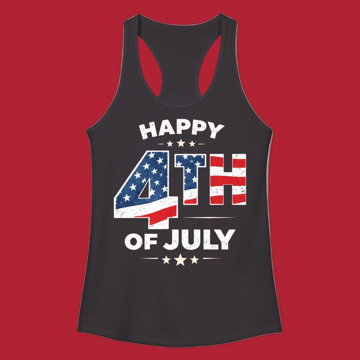 Distressed "HAPPY 4TH OF JULY" design with the "4TH" in an American flag pattern and white stars.