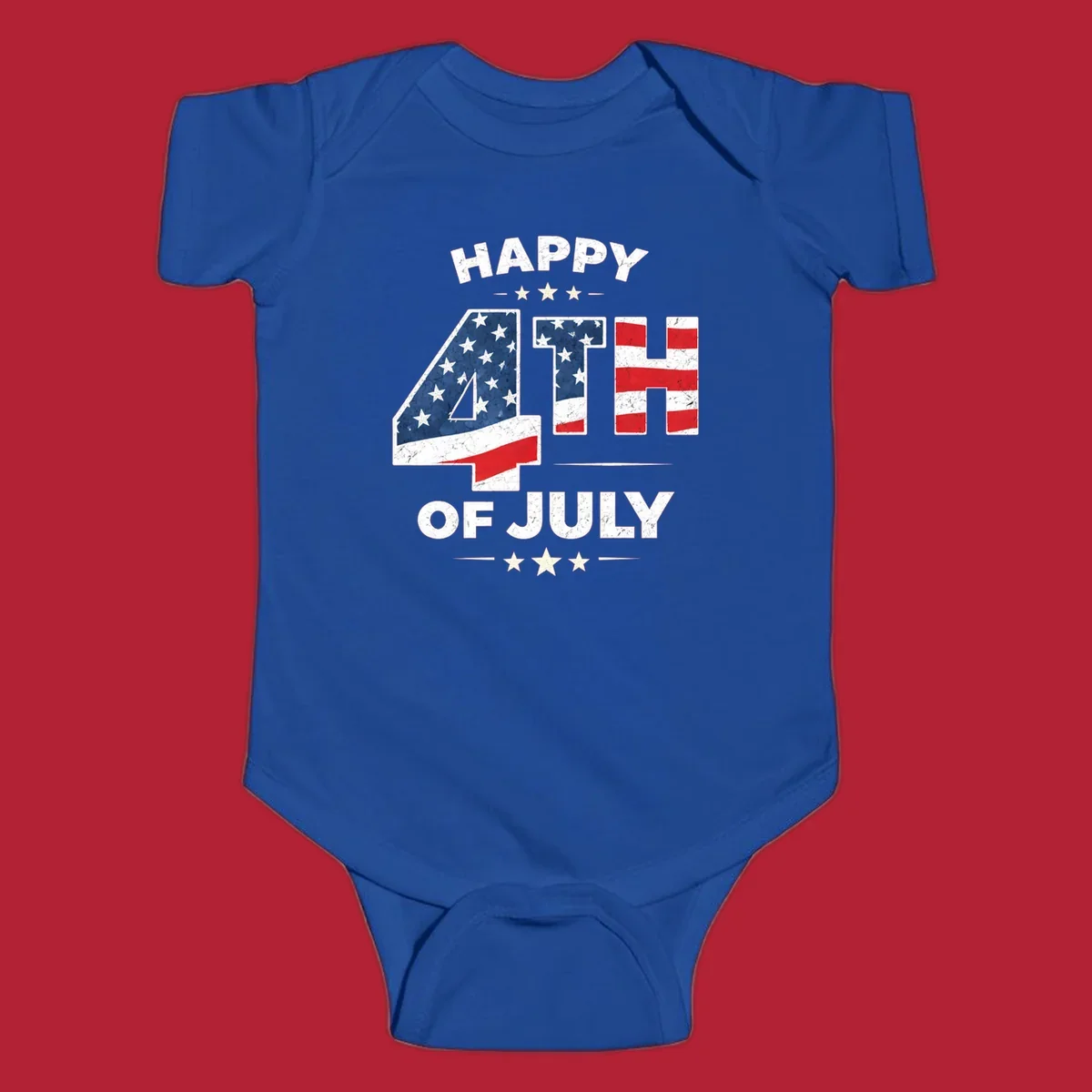Distressed "HAPPY 4TH OF JULY" design with the "4TH" in an American flag pattern and white stars.