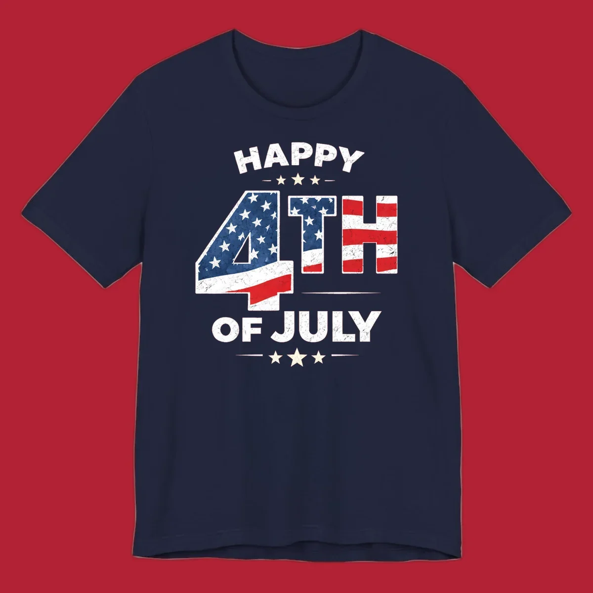 Distressed "HAPPY 4TH OF JULY" design with the "4TH" in an American flag pattern and white stars.