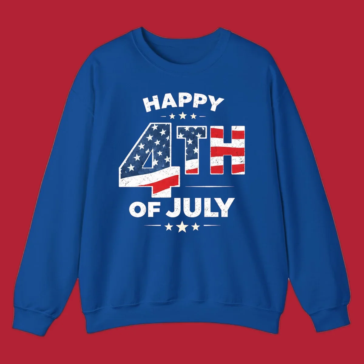 Distressed "HAPPY 4TH OF JULY" design with the "4TH" in an American flag pattern and white stars.