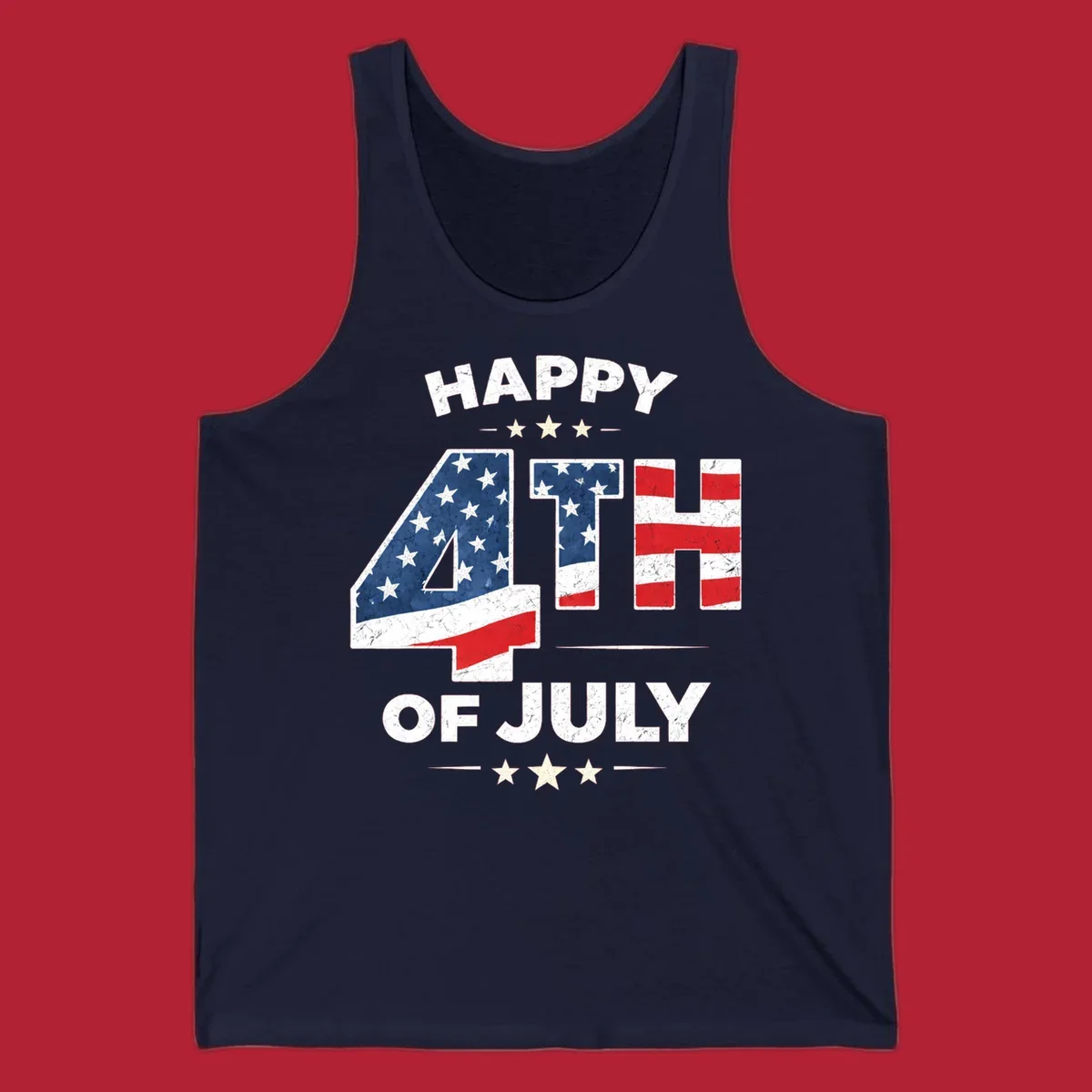 Distressed "HAPPY 4TH OF JULY" design with the "4TH" in an American flag pattern and white stars.