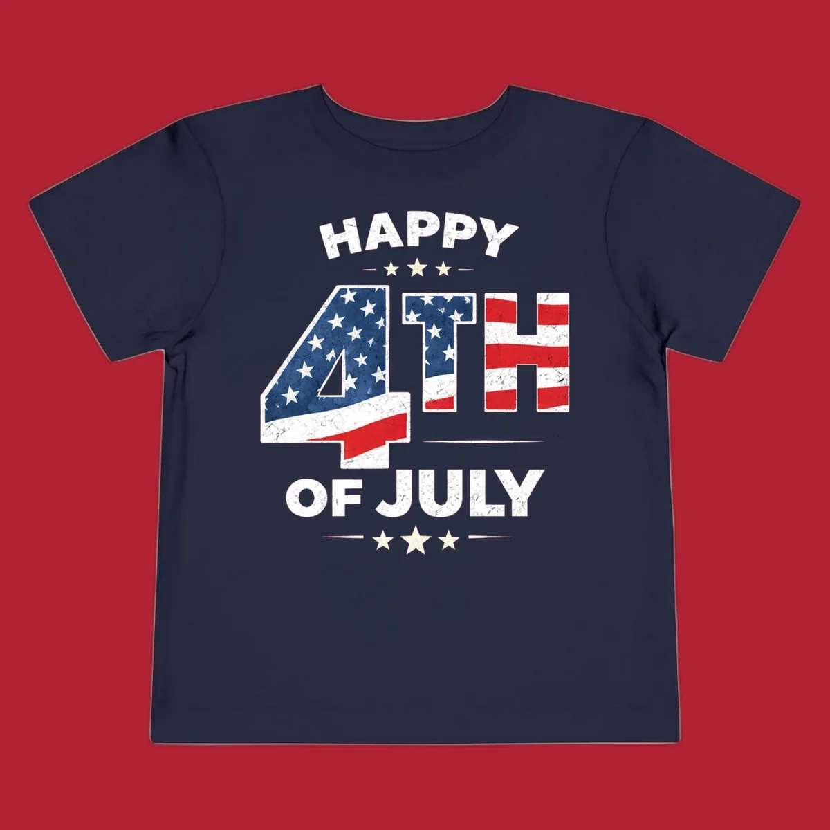 Distressed "HAPPY 4TH OF JULY" design with the "4TH" in an American flag pattern and white stars.