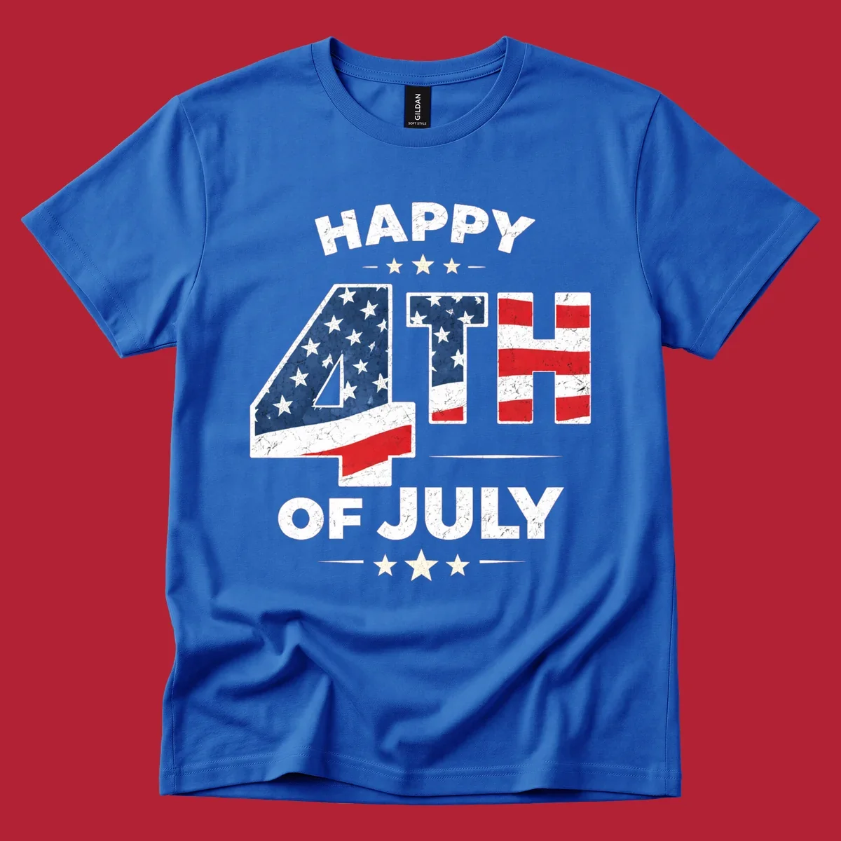Distressed "HAPPY 4TH OF JULY" design with the "4TH" in an American flag pattern and white stars.