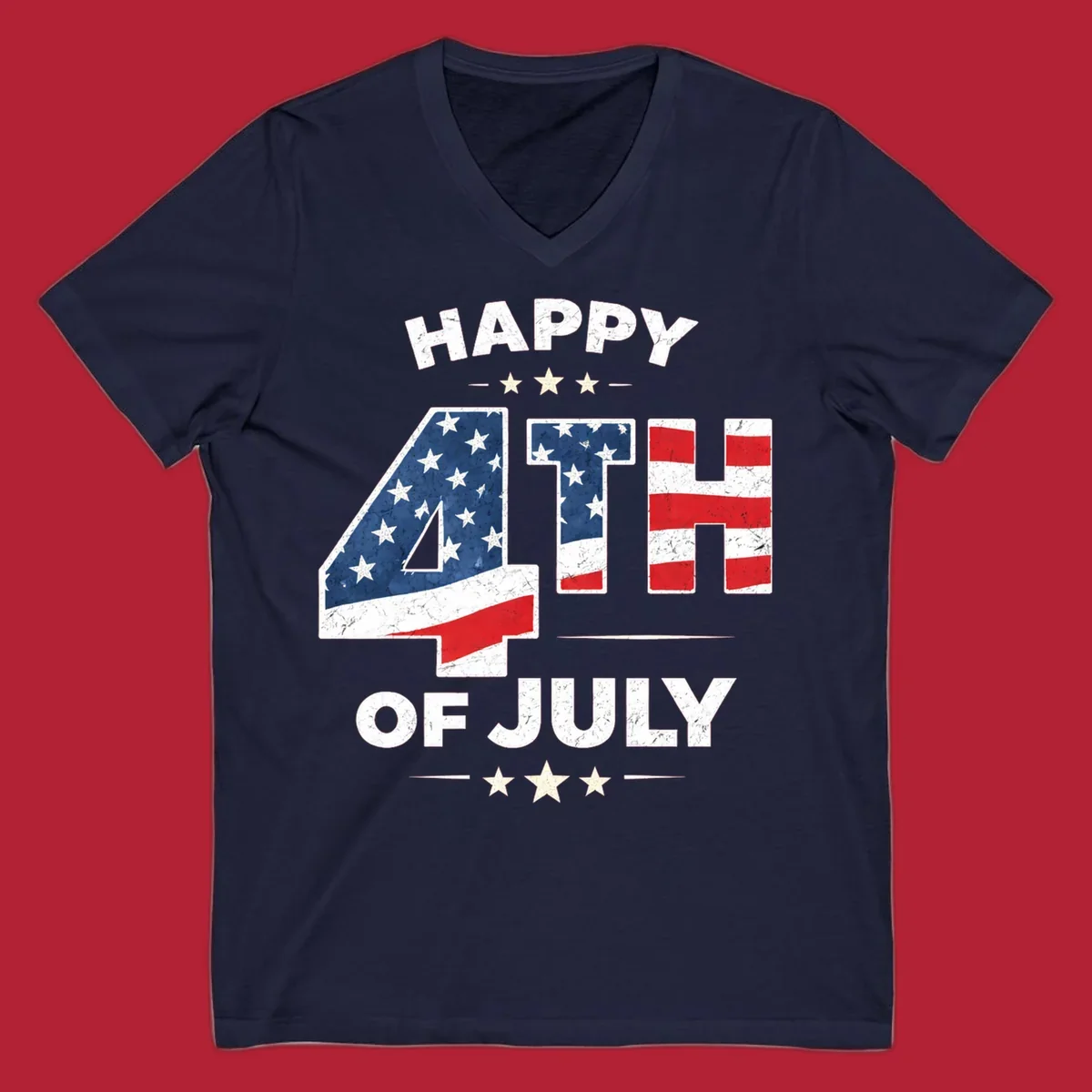 Distressed "HAPPY 4TH OF JULY" design with the "4TH" in an American flag pattern and white stars.