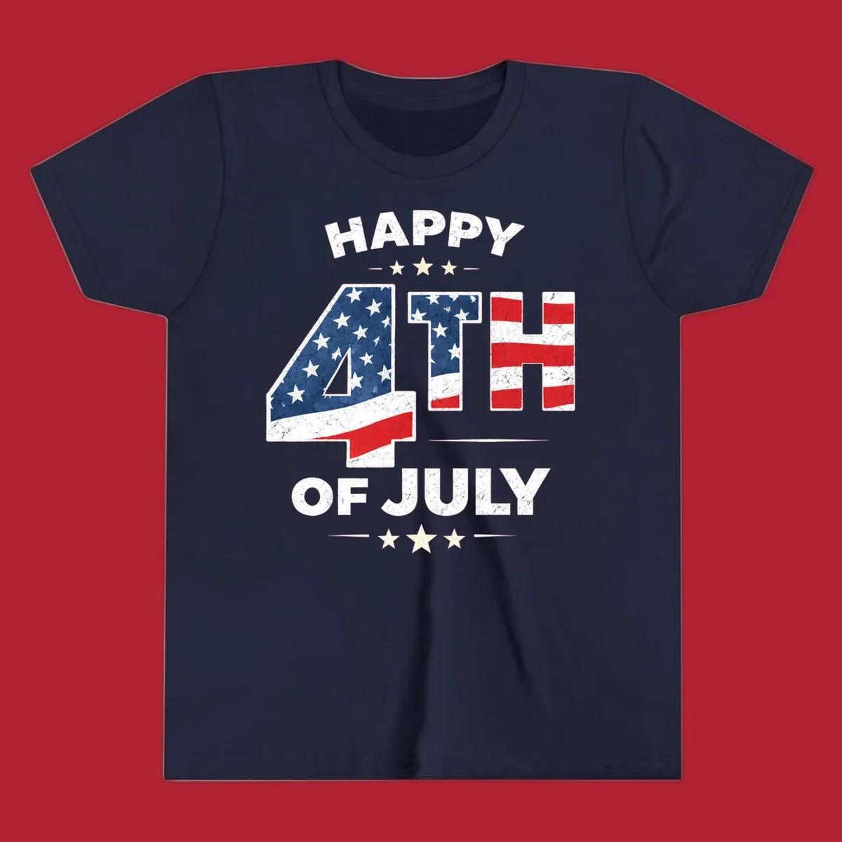 Distressed "HAPPY 4TH OF JULY" design with the "4TH" in an American flag pattern and white stars.