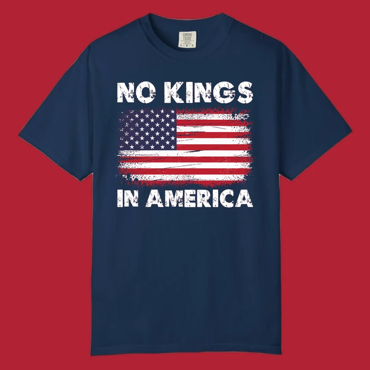 A distressed American flag with the white text 'NO KINGS IN AMERICA' above and below it.
