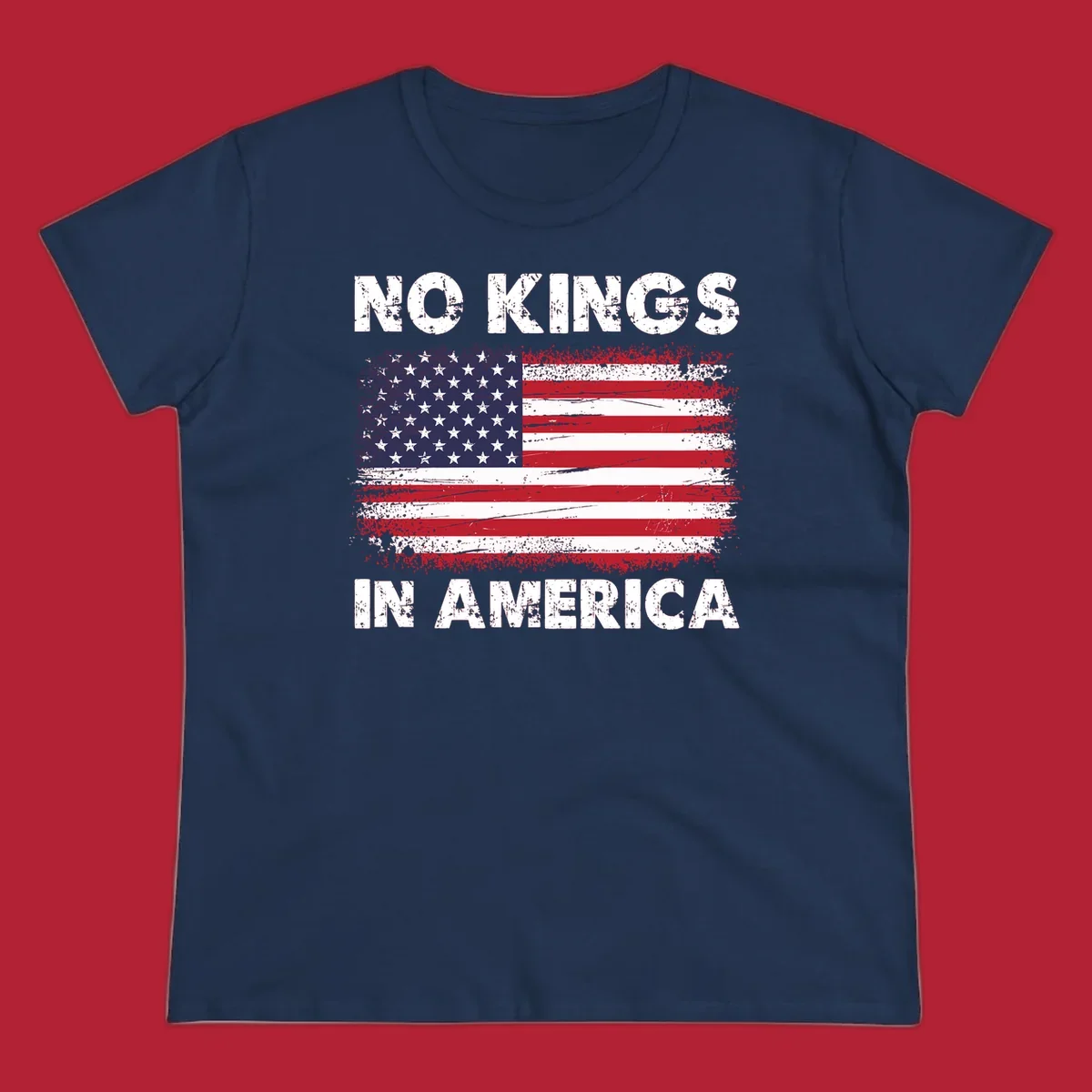 A distressed American flag with the white text 'NO KINGS IN AMERICA' above and below it.