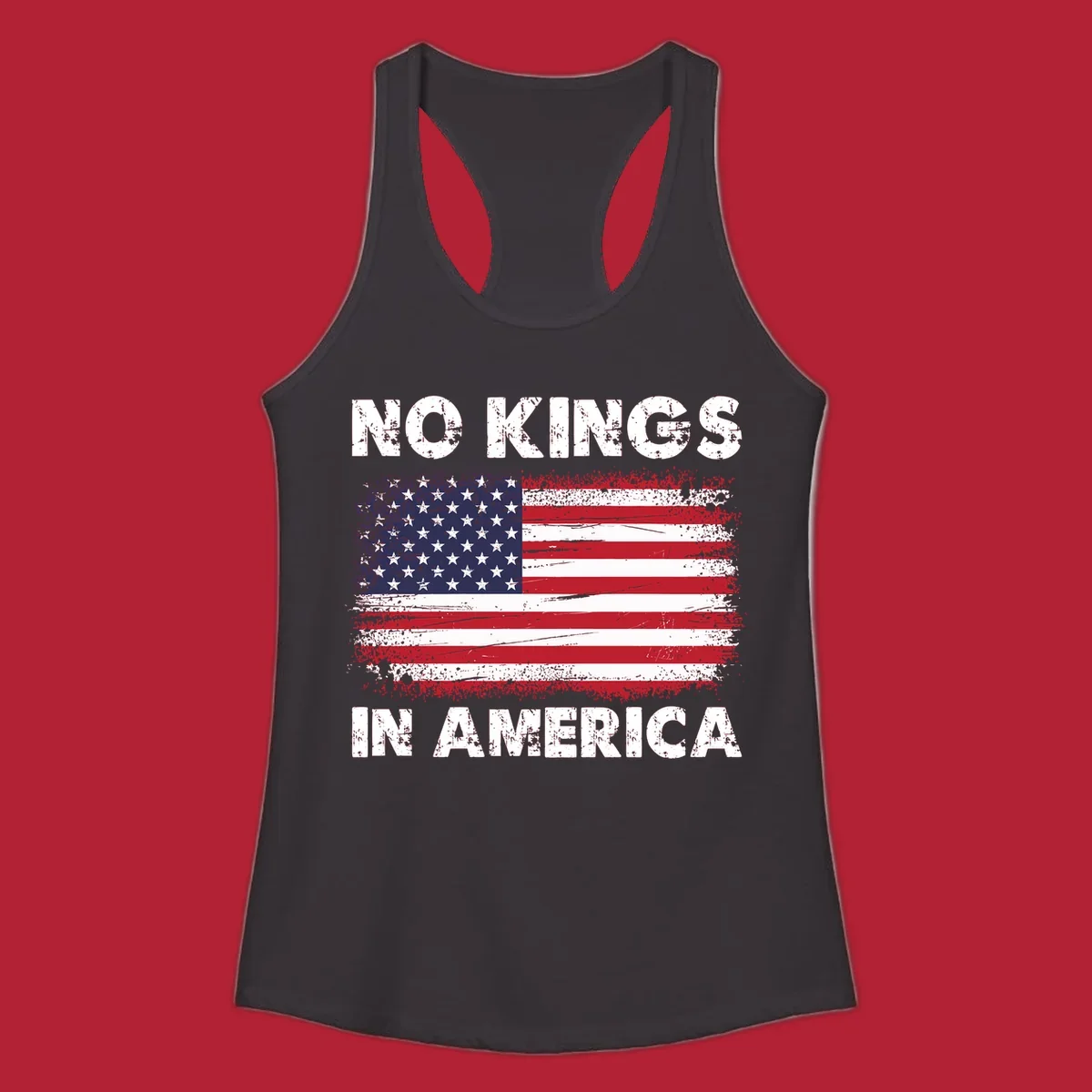 A distressed American flag with the white text 'NO KINGS IN AMERICA' above and below it.