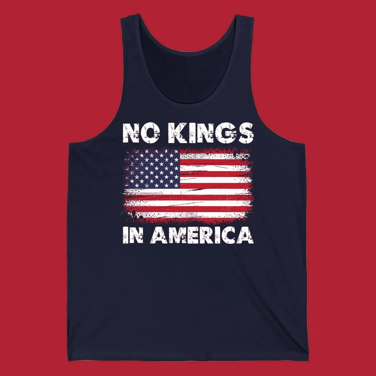 A distressed American flag with the white text 'NO KINGS IN AMERICA' above and below it.