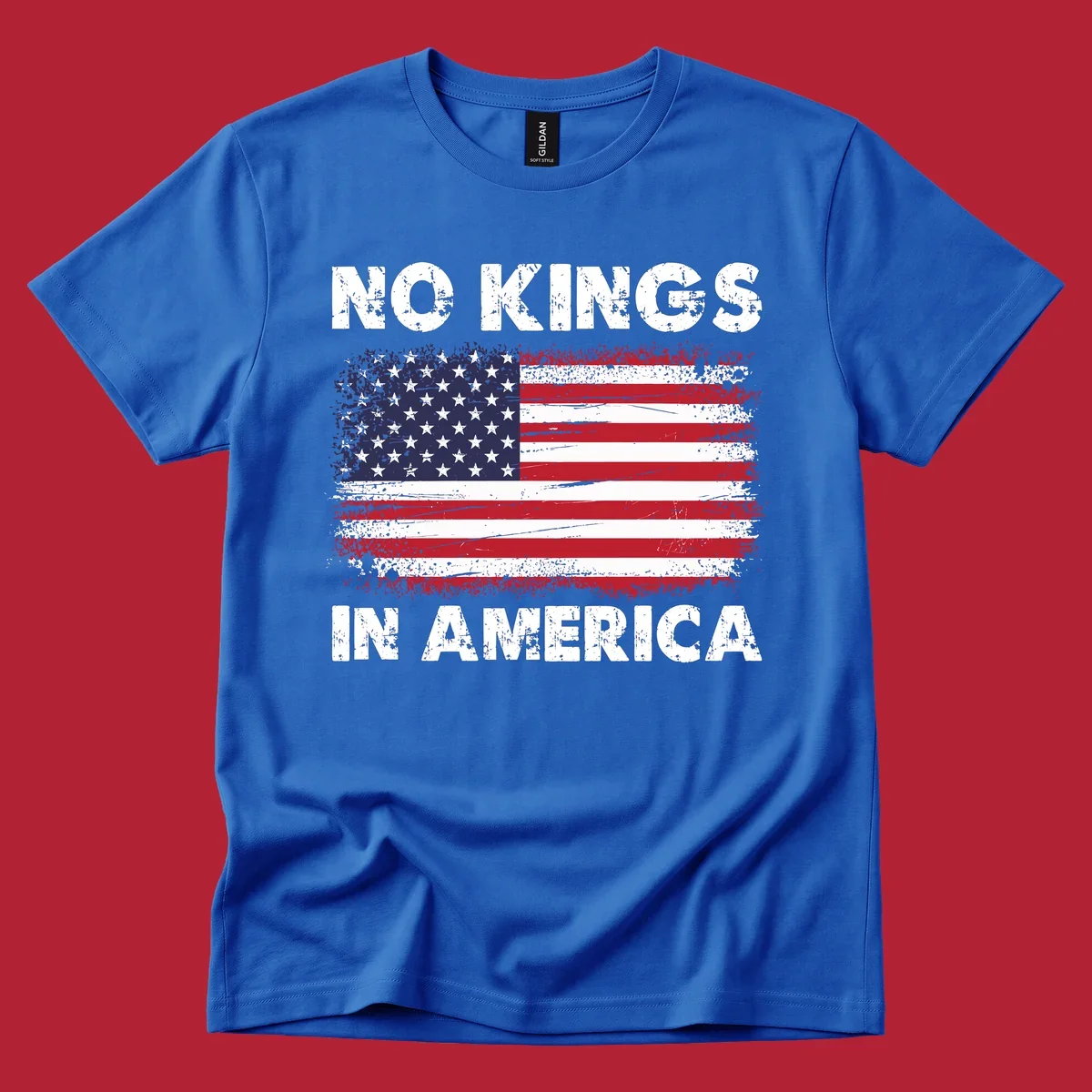 A distressed American flag with the white text 'NO KINGS IN AMERICA' above and below it.