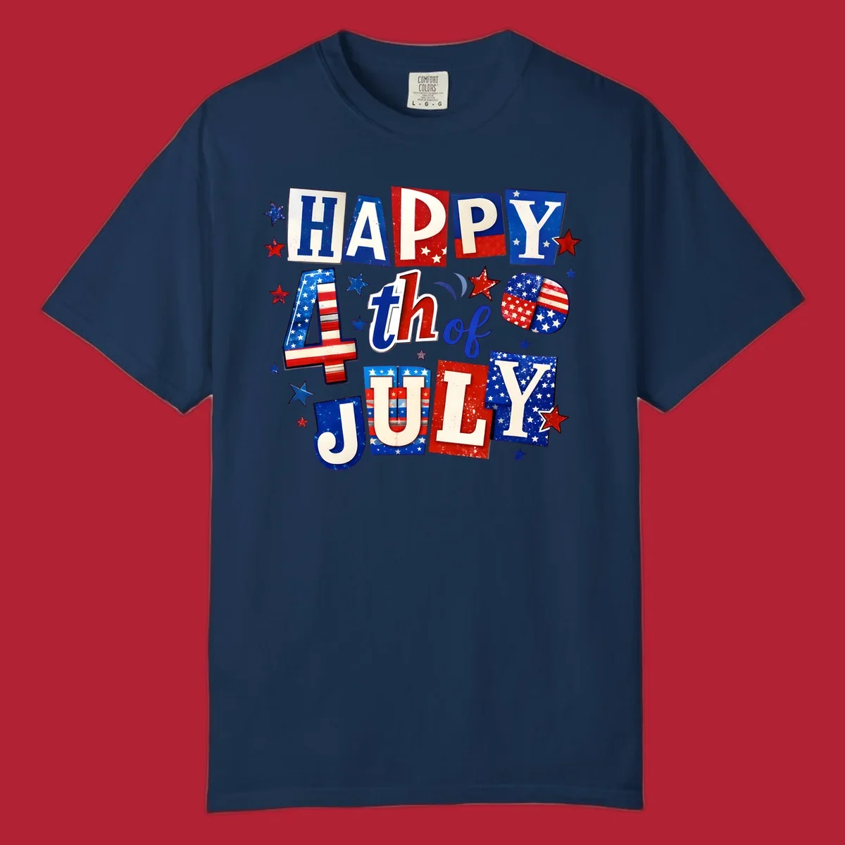 A patriotic design reading 'HAPPY 4th of JULY' in distressed, cut-out red, white, and blue letters with stars and flag patterns, ideal for happy-fourth-july-patriotic celebrations.