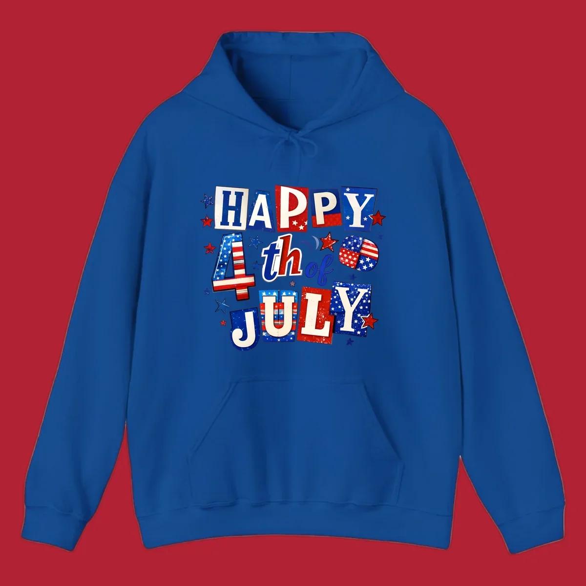 A patriotic design reading 'HAPPY 4th of JULY' in distressed, cut-out red, white, and blue letters with stars and flag patterns, ideal for happy-fourth-july-patriotic celebrations.