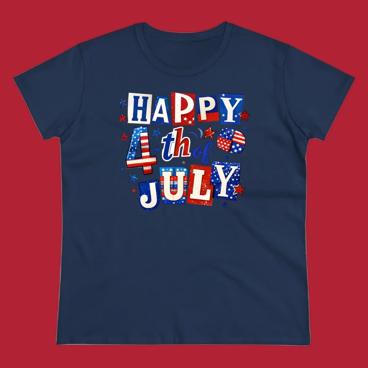 A patriotic design reading 'HAPPY 4th of JULY' in distressed, cut-out red, white, and blue letters with stars and flag patterns, ideal for happy-fourth-july-patriotic celebrations.