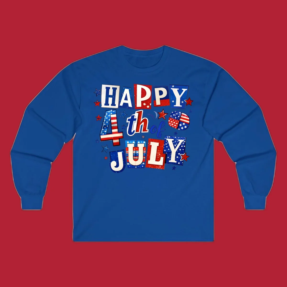 A patriotic design reading 'HAPPY 4th of JULY' in distressed, cut-out red, white, and blue letters with stars and flag patterns, ideal for happy-fourth-july-patriotic celebrations.