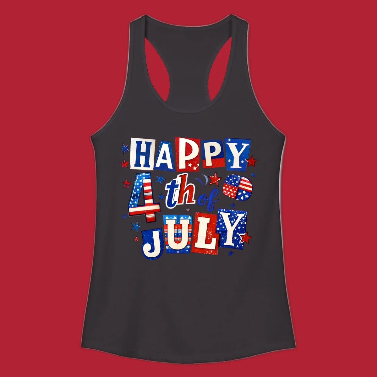 A patriotic design reading 'HAPPY 4th of JULY' in distressed, cut-out red, white, and blue letters with stars and flag patterns, ideal for happy-fourth-july-patriotic celebrations.