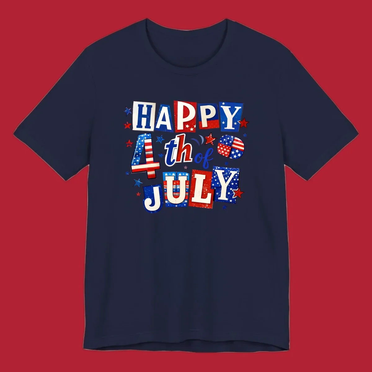 A patriotic design reading 'HAPPY 4th of JULY' in distressed, cut-out red, white, and blue letters with stars and flag patterns, ideal for happy-fourth-july-patriotic celebrations.