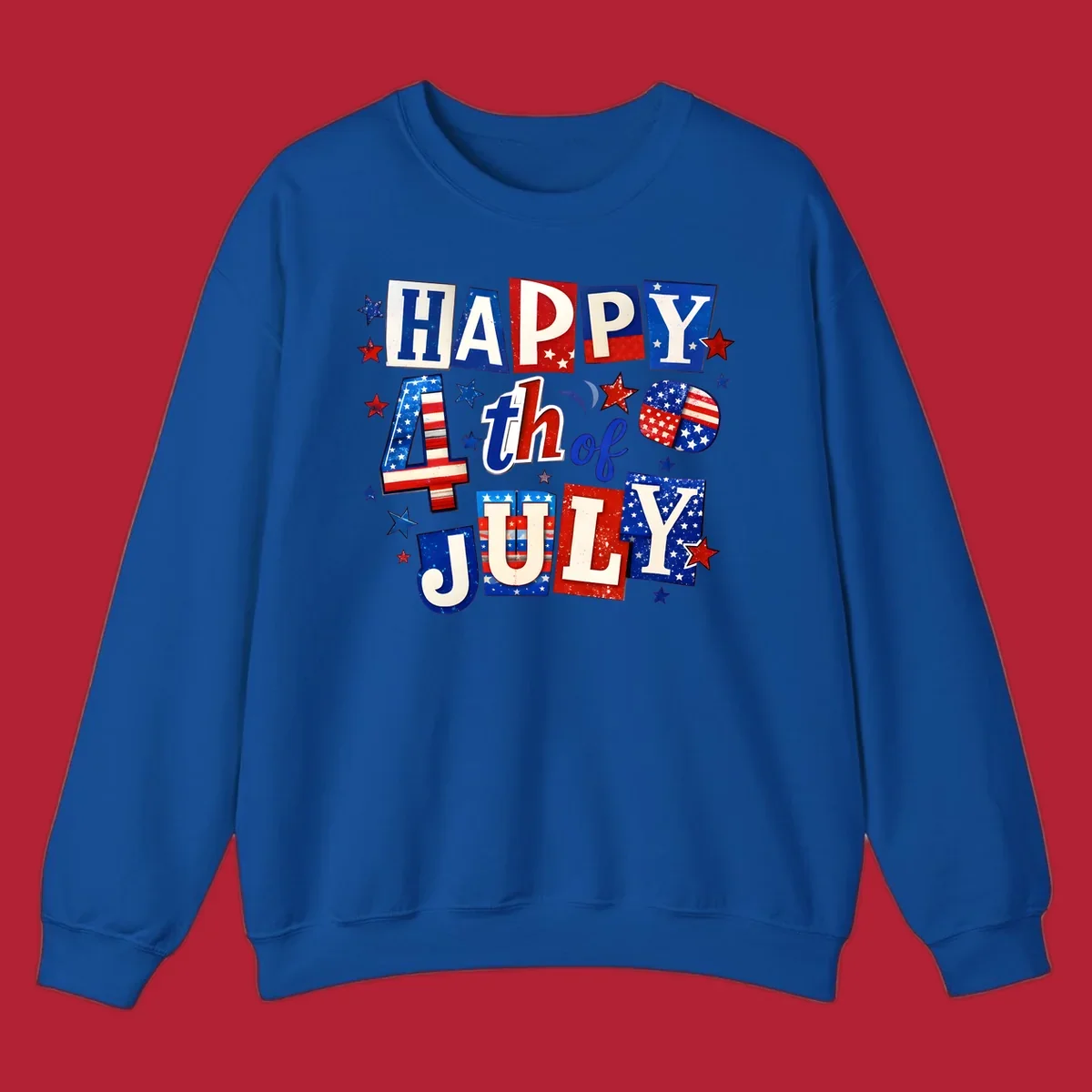 A patriotic design reading 'HAPPY 4th of JULY' in distressed, cut-out red, white, and blue letters with stars and flag patterns, ideal for happy-fourth-july-patriotic celebrations.