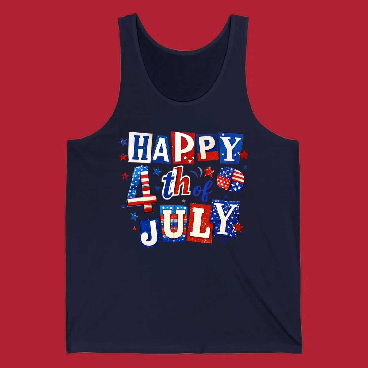 A patriotic design reading 'HAPPY 4th of JULY' in distressed, cut-out red, white, and blue letters with stars and flag patterns, ideal for happy-fourth-july-patriotic celebrations.