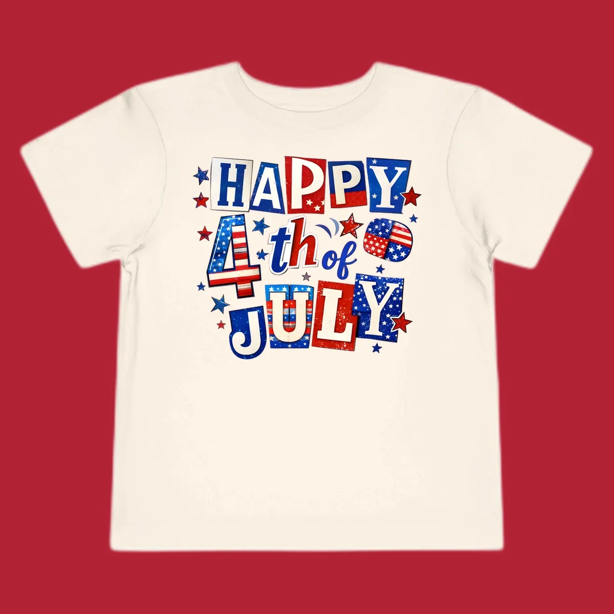 A patriotic design reading 'HAPPY 4th of JULY' in distressed, cut-out red, white, and blue letters with stars and flag patterns, ideal for happy-fourth-july-patriotic celebrations.