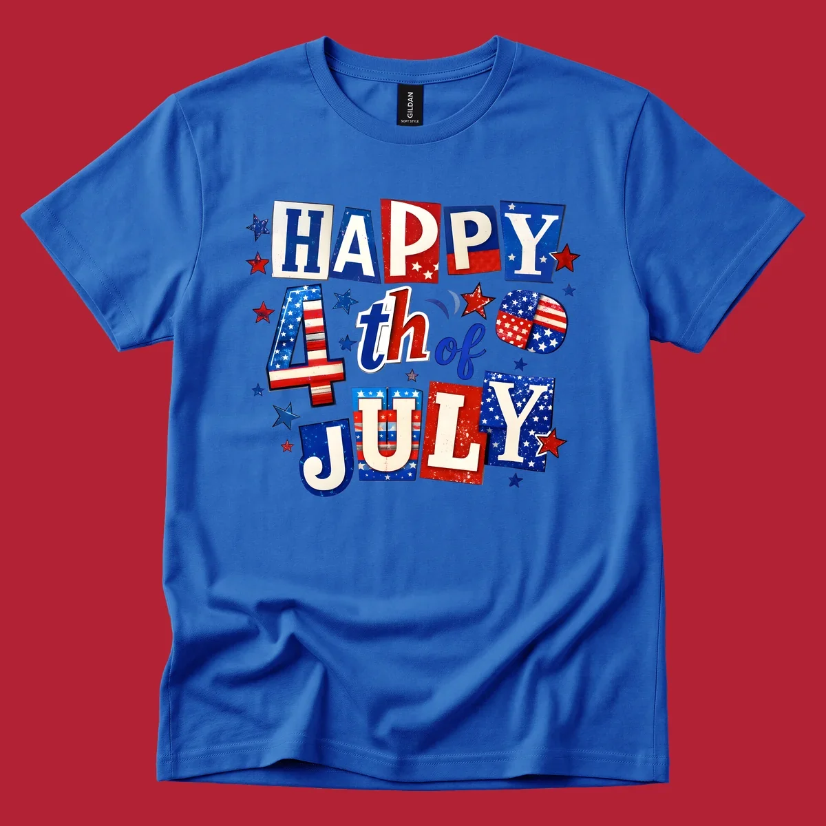 A patriotic design reading 'HAPPY 4th of JULY' in distressed, cut-out red, white, and blue letters with stars and flag patterns, ideal for happy-fourth-july-patriotic celebrations.