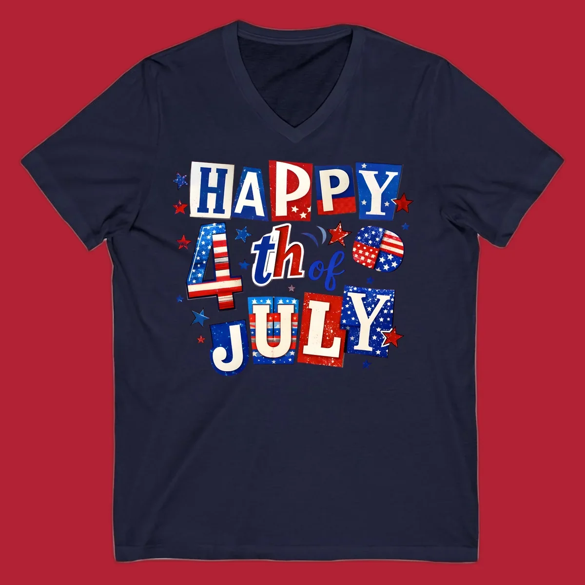 A patriotic design reading 'HAPPY 4th of JULY' in distressed, cut-out red, white, and blue letters with stars and flag patterns, ideal for happy-fourth-july-patriotic celebrations.