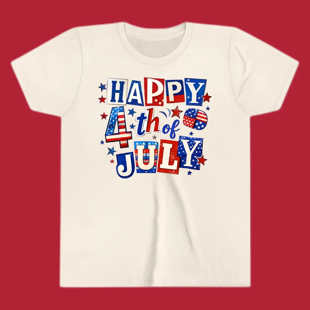 A patriotic design reading 'HAPPY 4th of JULY' in distressed, cut-out red, white, and blue letters with stars and flag patterns, ideal for happy-fourth-july-patriotic celebrations.