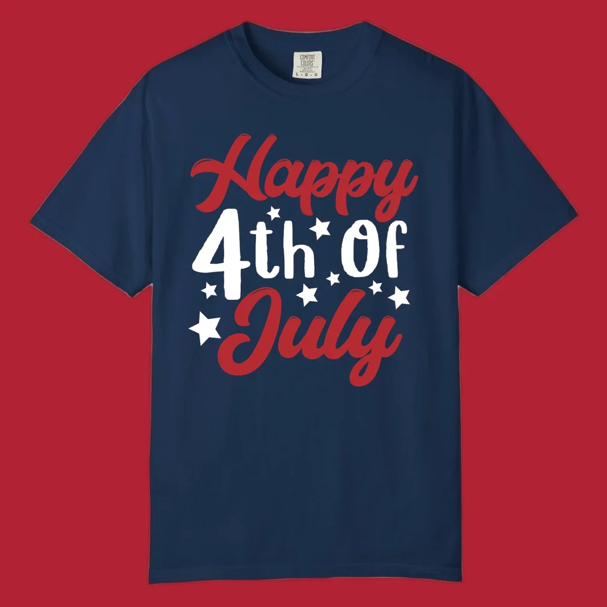 Happy 4th Of July stars design with red, white, and blue text and stars, perfect for patriotic celebrations.