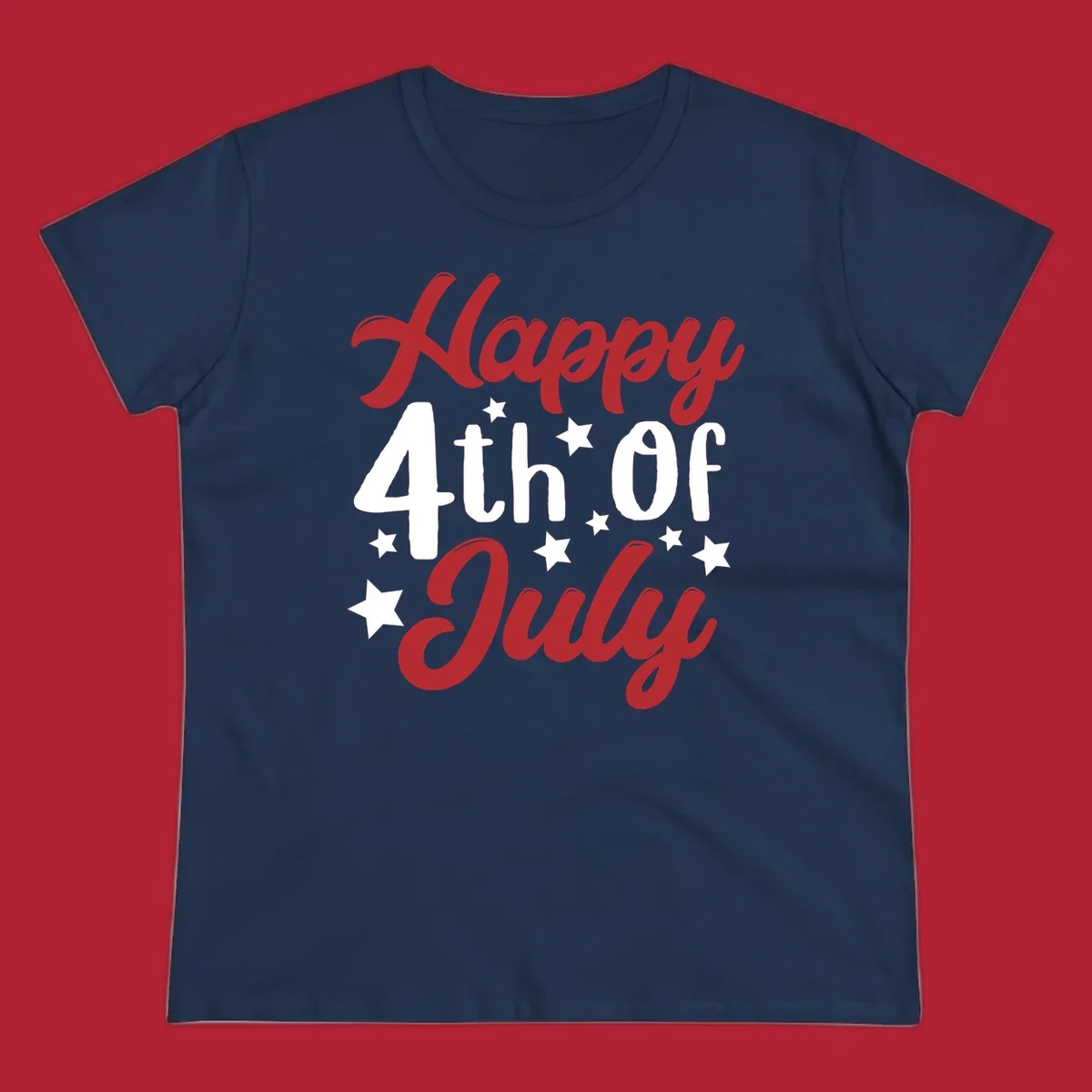 Happy 4th Of July stars design with red, white, and blue text and stars, perfect for patriotic celebrations.
