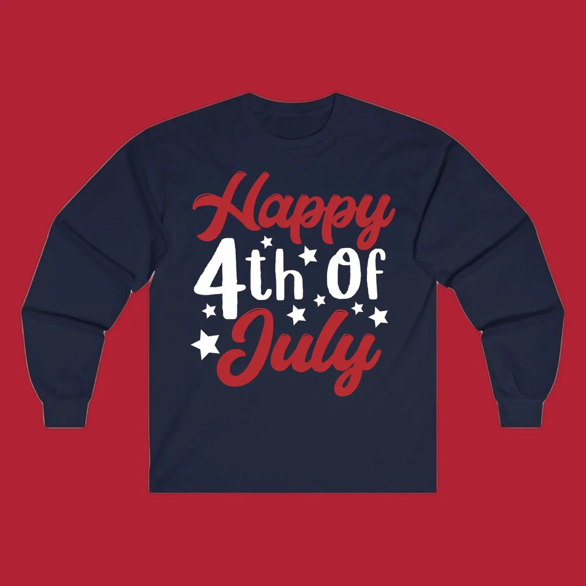 Happy 4th Of July stars design with red, white, and blue text and stars, perfect for patriotic celebrations.