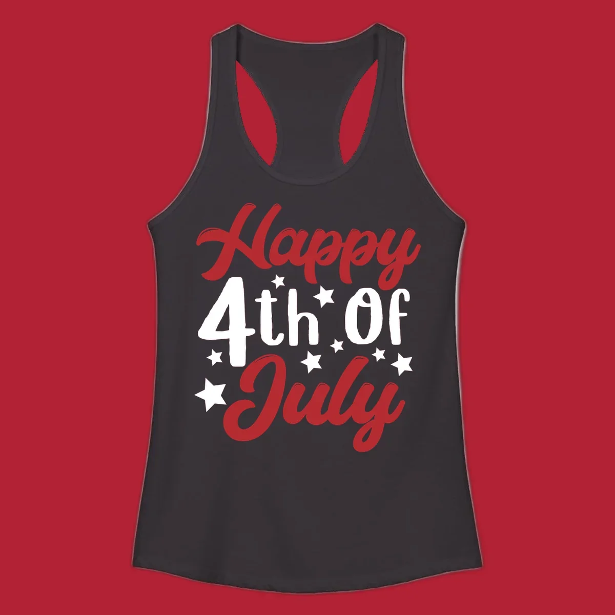 Happy 4th Of July stars design with red, white, and blue text and stars, perfect for patriotic celebrations.