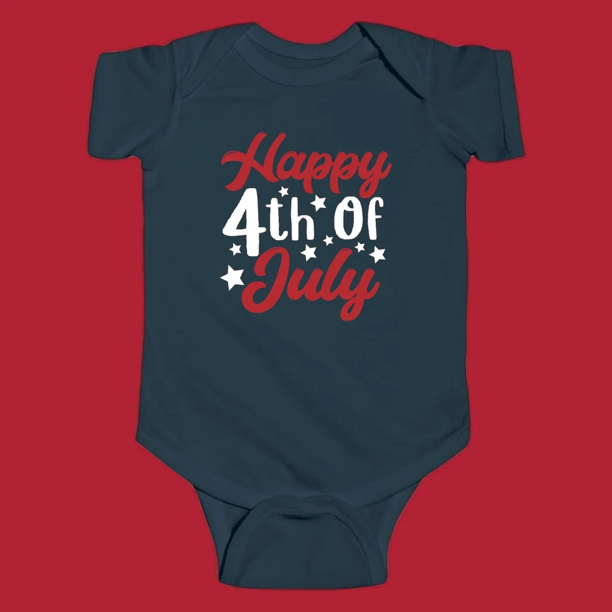 Happy 4th Of July stars design with red, white, and blue text and stars, perfect for patriotic celebrations.