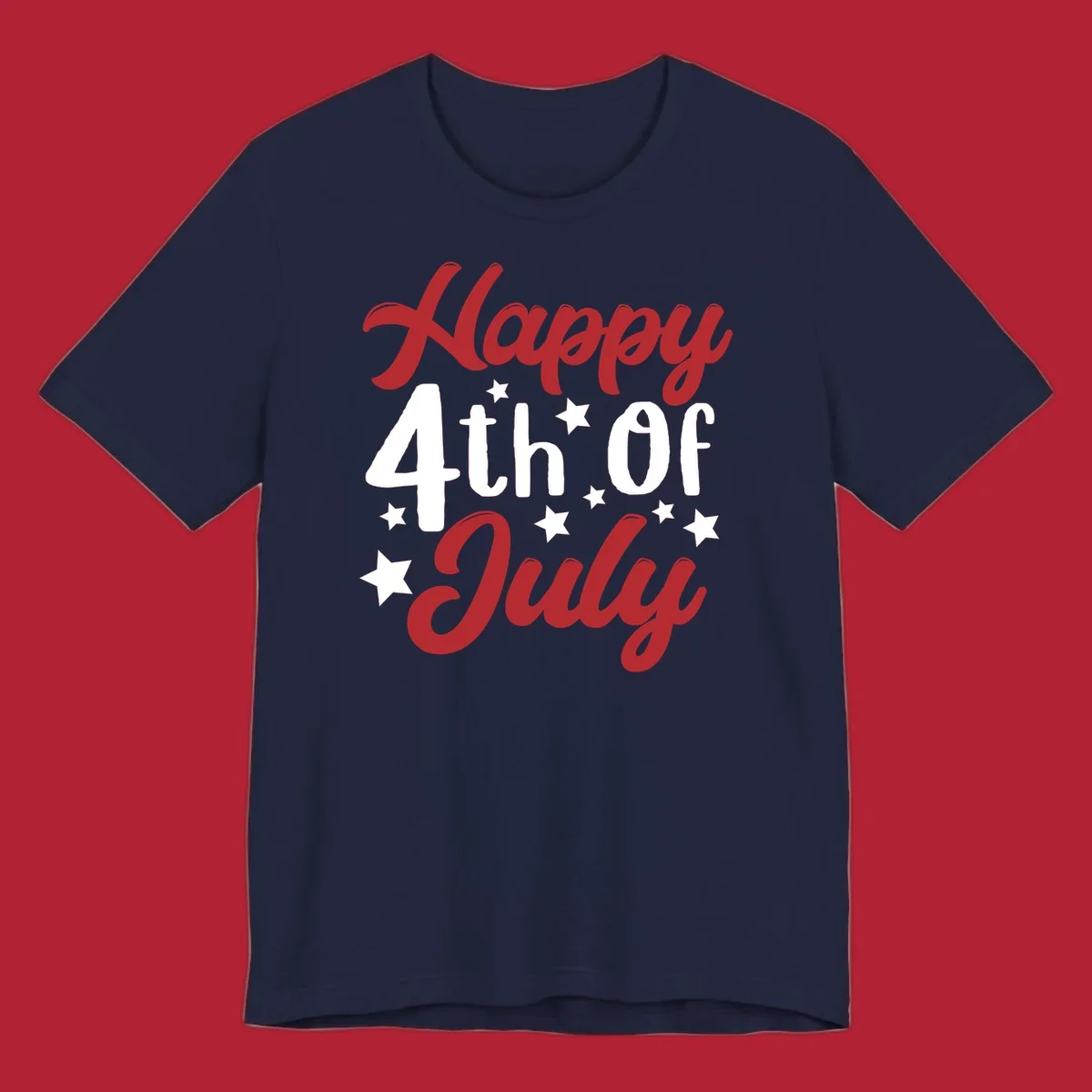 Happy 4th Of July stars design with red, white, and blue text and stars, perfect for patriotic celebrations.
