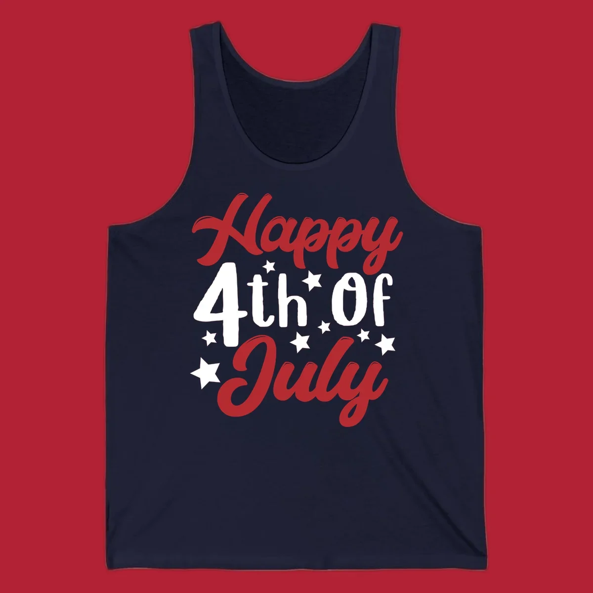 Happy 4th Of July stars design with red, white, and blue text and stars, perfect for patriotic celebrations.
