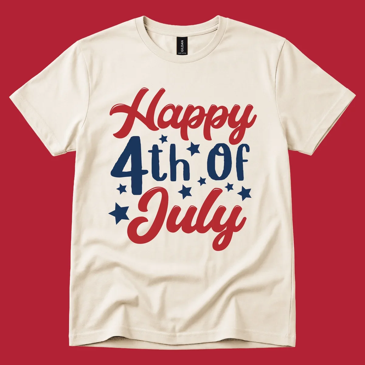Happy 4th Of July stars design with red, white, and blue text and stars, perfect for patriotic celebrations.