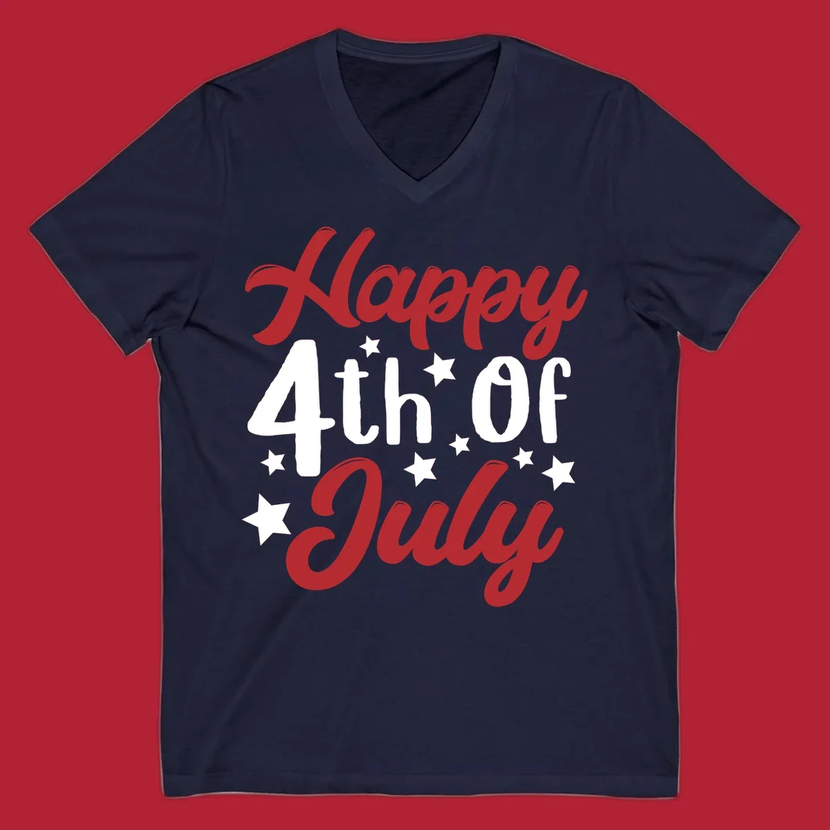 Happy 4th Of July stars design with red, white, and blue text and stars, perfect for patriotic celebrations.