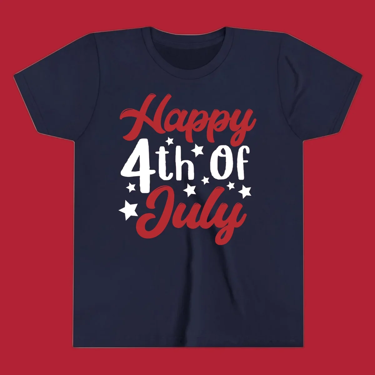 Happy 4th Of July stars design with red, white, and blue text and stars, perfect for patriotic celebrations.