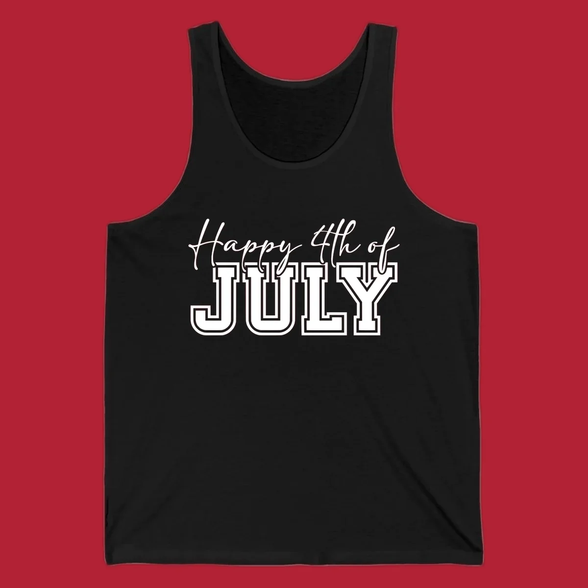 Happy 4th of July typography design with script and collegiate fonts, perfect for patriotic celebrations.