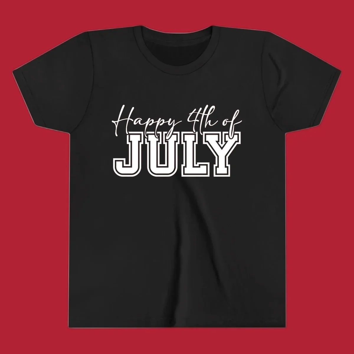 Happy 4th of July typography design with script and collegiate fonts, perfect for patriotic celebrations.