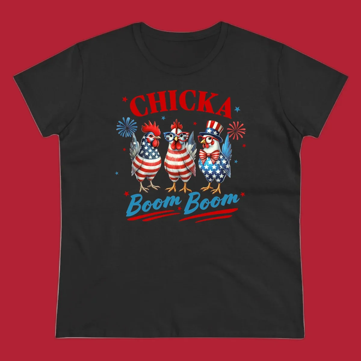 Three patriotic chickens in American flag patterns with fireworks and stars, text reads 'Chicka Boom Boom'. Features the chicka-boom-boom-patriotic-chickens concept.