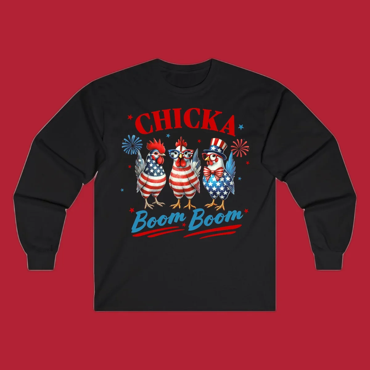 Three patriotic chickens in American flag patterns with fireworks and stars, text reads 'Chicka Boom Boom'. Features the chicka-boom-boom-patriotic-chickens concept.