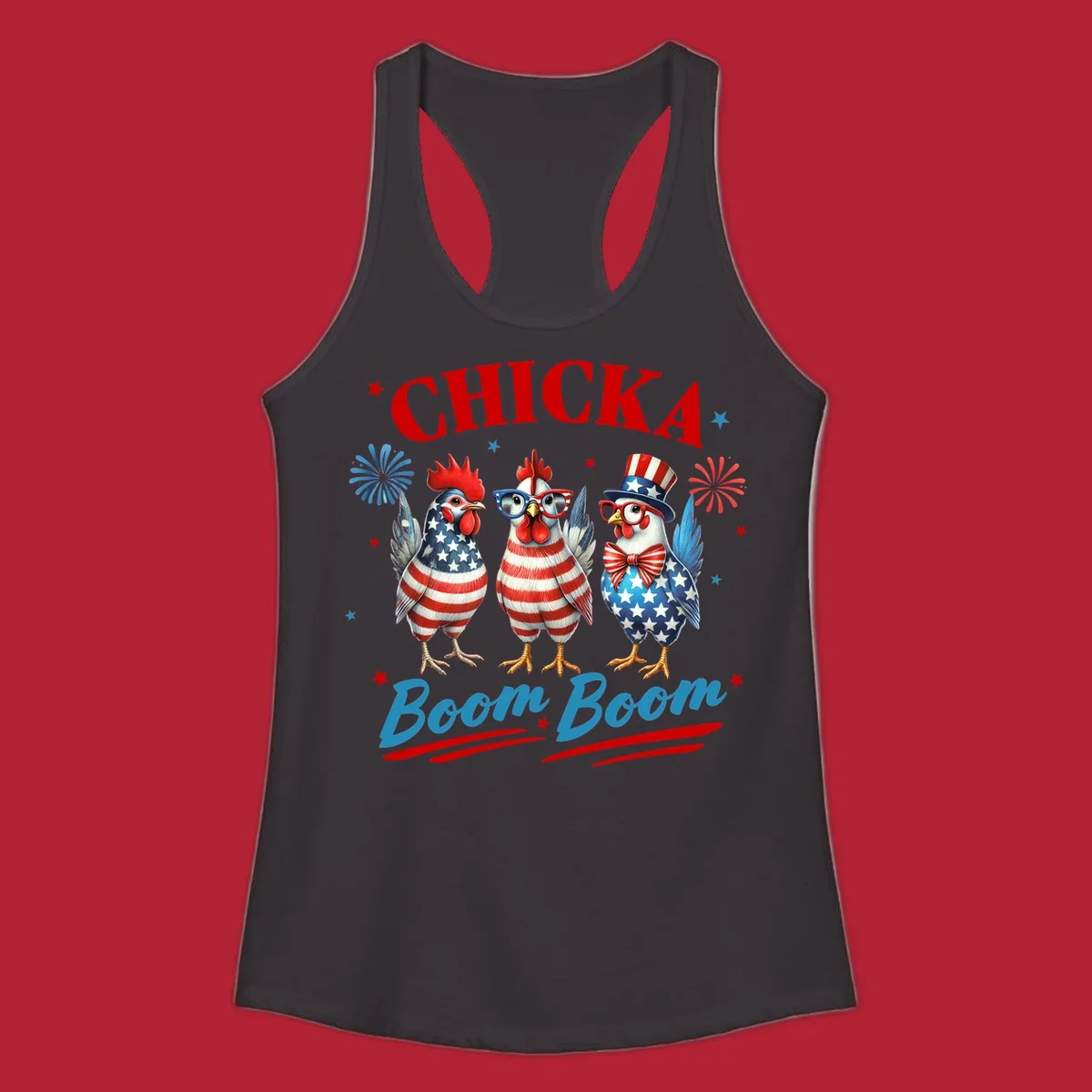 Three patriotic chickens in American flag patterns with fireworks and stars, text reads 'Chicka Boom Boom'. Features the chicka-boom-boom-patriotic-chickens concept.
