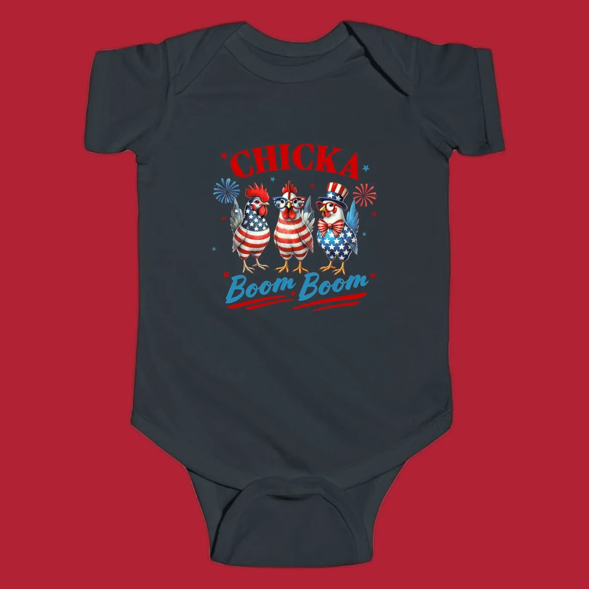 Three patriotic chickens in American flag patterns with fireworks and stars, text reads 'Chicka Boom Boom'. Features the chicka-boom-boom-patriotic-chickens concept.