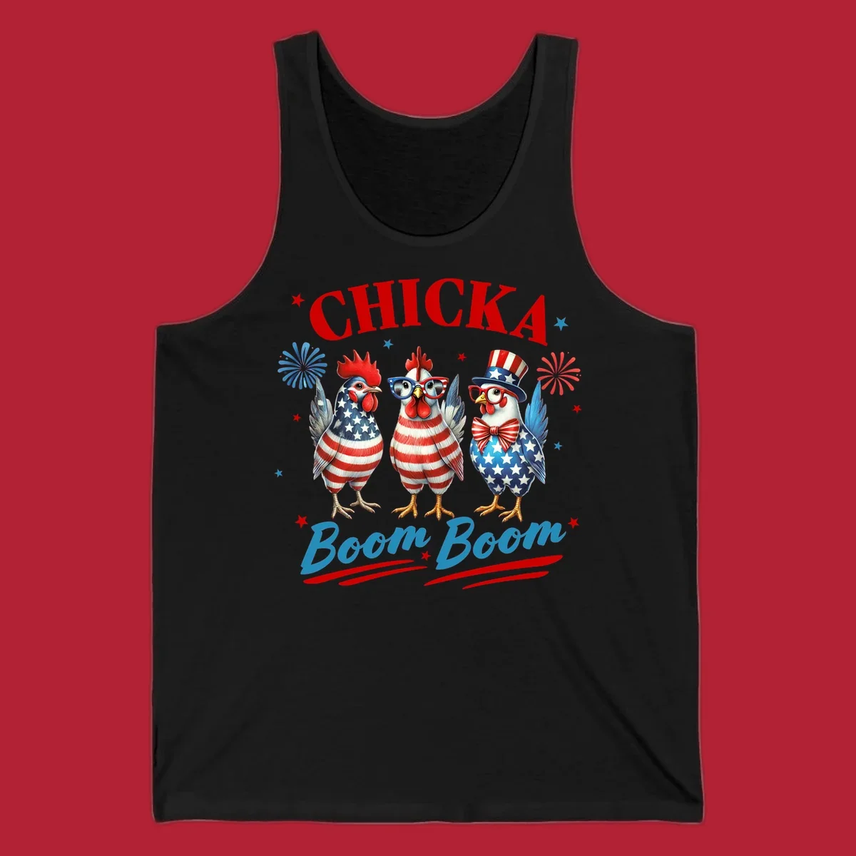 Three patriotic chickens in American flag patterns with fireworks and stars, text reads 'Chicka Boom Boom'. Features the chicka-boom-boom-patriotic-chickens concept.