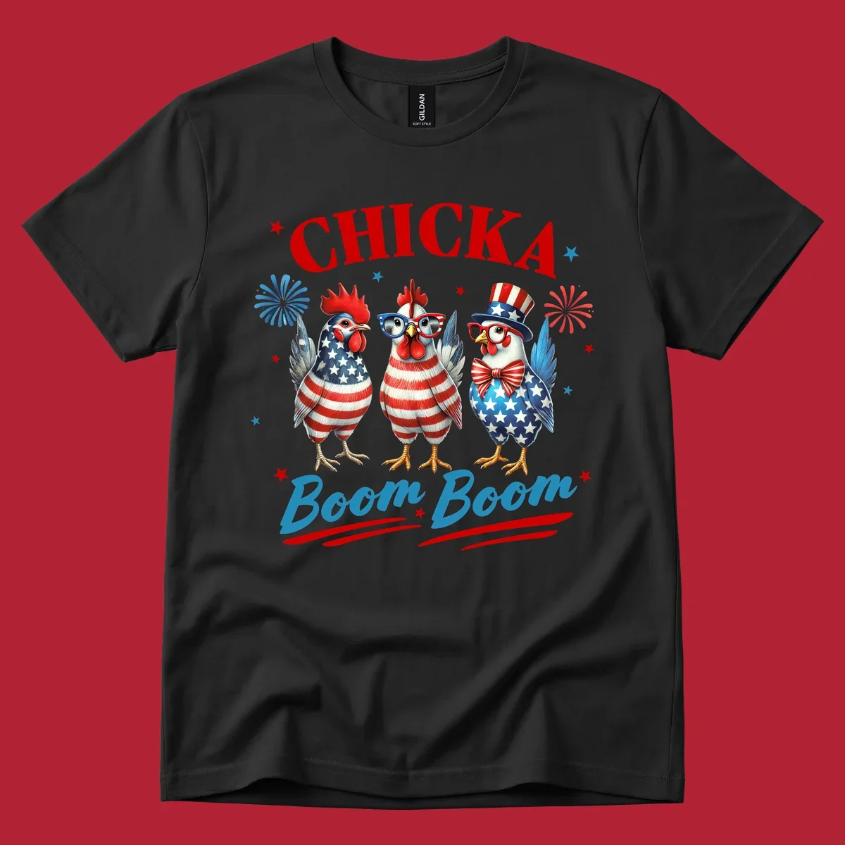 Three patriotic chickens in American flag patterns with fireworks and stars, text reads 'Chicka Boom Boom'. Features the chicka-boom-boom-patriotic-chickens concept.