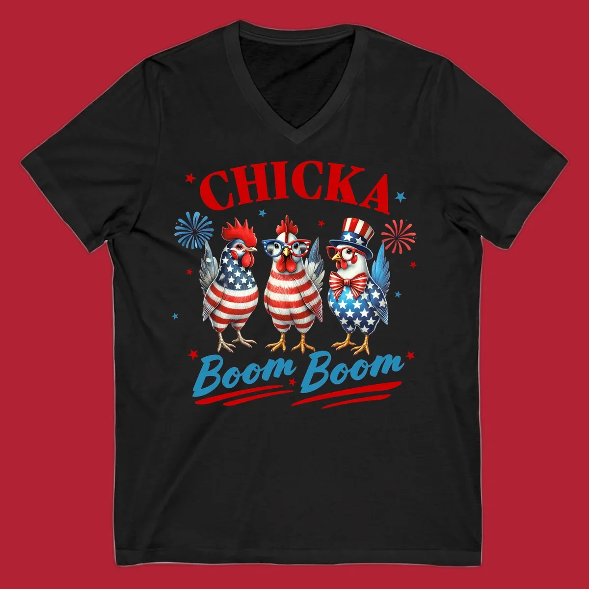 Three patriotic chickens in American flag patterns with fireworks and stars, text reads 'Chicka Boom Boom'. Features the chicka-boom-boom-patriotic-chickens concept.