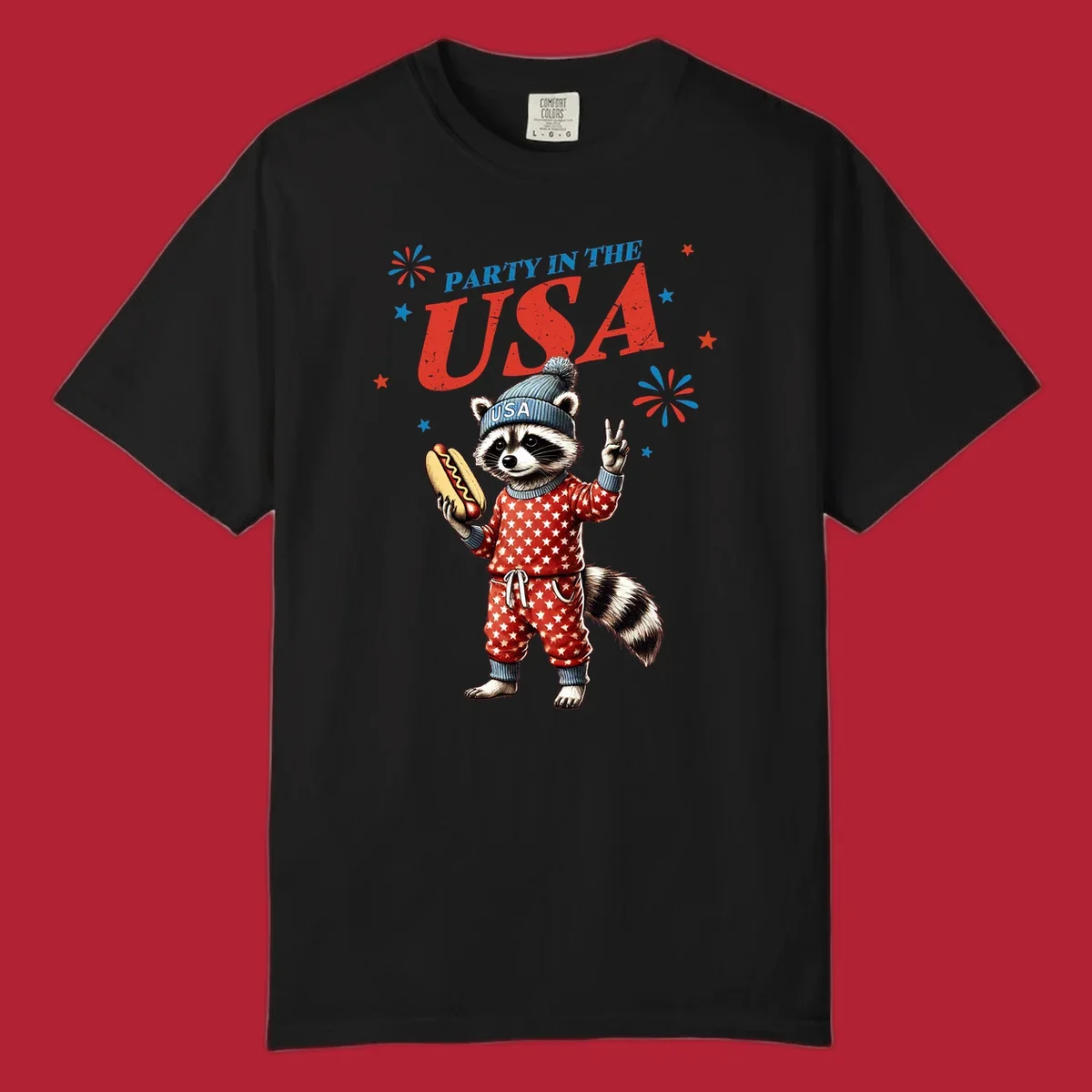 A cartoon raccoon wearing a USA beanie and star-patterned pajamas, holding a hotdog and making a peace sign, with 'PARTY IN THE USA' text and fireworks.