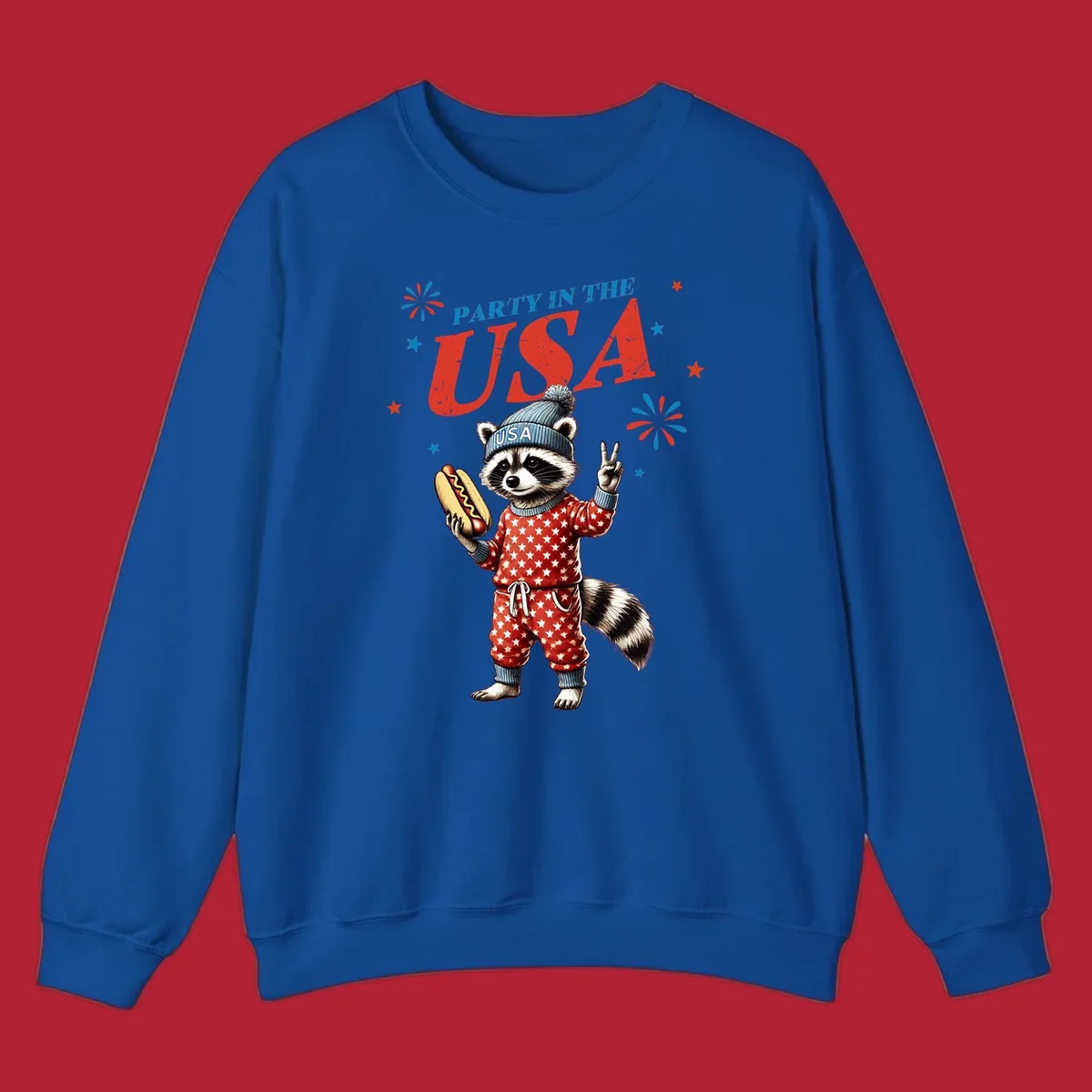 A cartoon raccoon wearing a USA beanie and star-patterned pajamas, holding a hotdog and making a peace sign, with 'PARTY IN THE USA' text and fireworks.