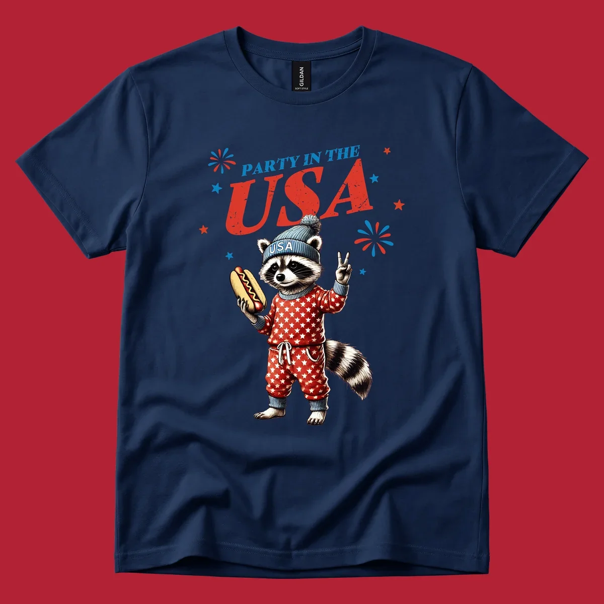 A cartoon raccoon wearing a USA beanie and star-patterned pajamas, holding a hotdog and making a peace sign, with 'PARTY IN THE USA' text and fireworks.