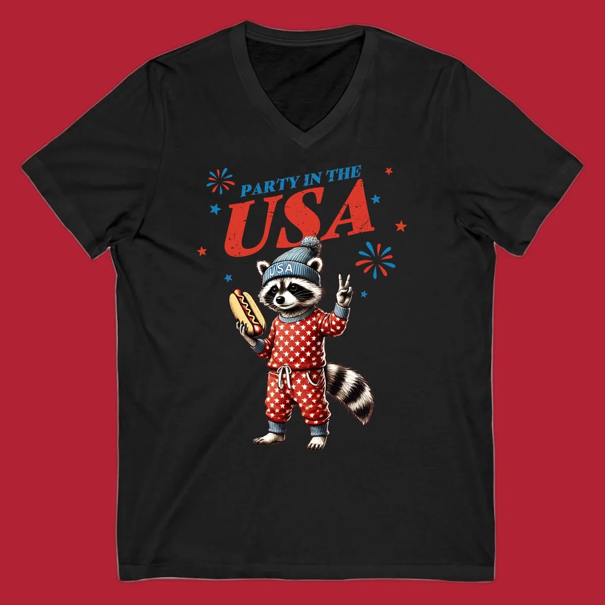 A cartoon raccoon wearing a USA beanie and star-patterned pajamas, holding a hotdog and making a peace sign, with 'PARTY IN THE USA' text and fireworks.
